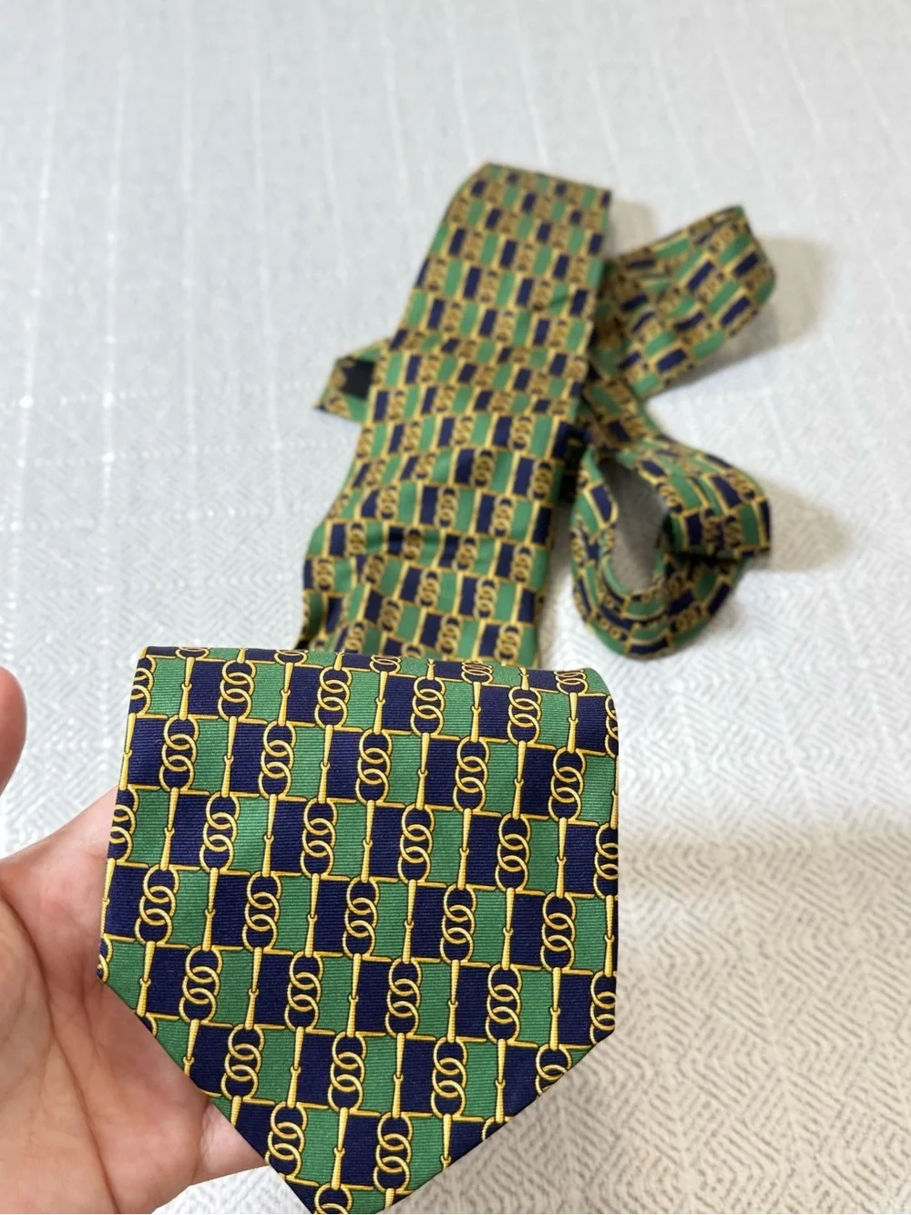 Vintage Paolo Gucci Geometric Logo Woven 100% Silk Tie Green/Navy/Gold One Size